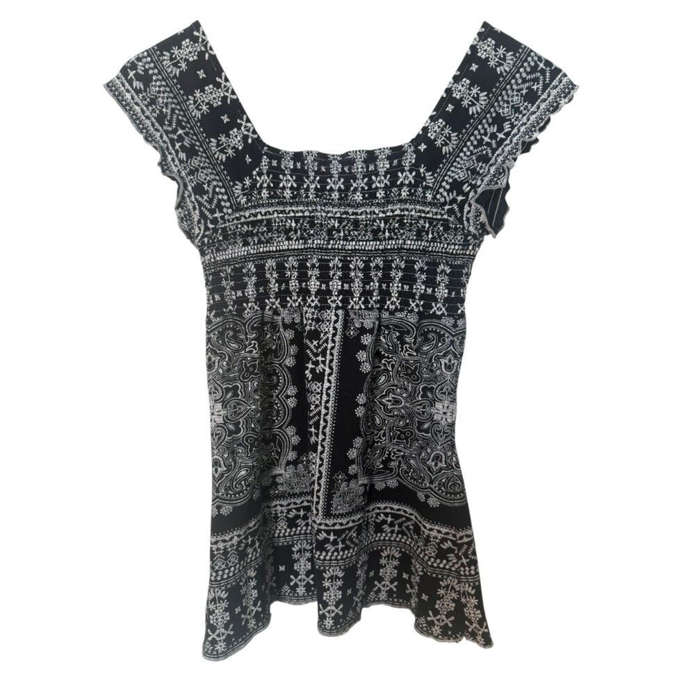 VTG Y2K Bongo Boho Print Smocked O-Ring Top Small - Picture 2 of 7